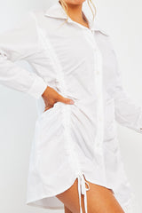 White Ruched Centre Shirt Mini Dress - Khylie-Dresses