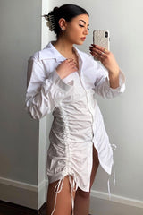 White Ruched Centre Shirt Mini Dress - Khylie-Dresses