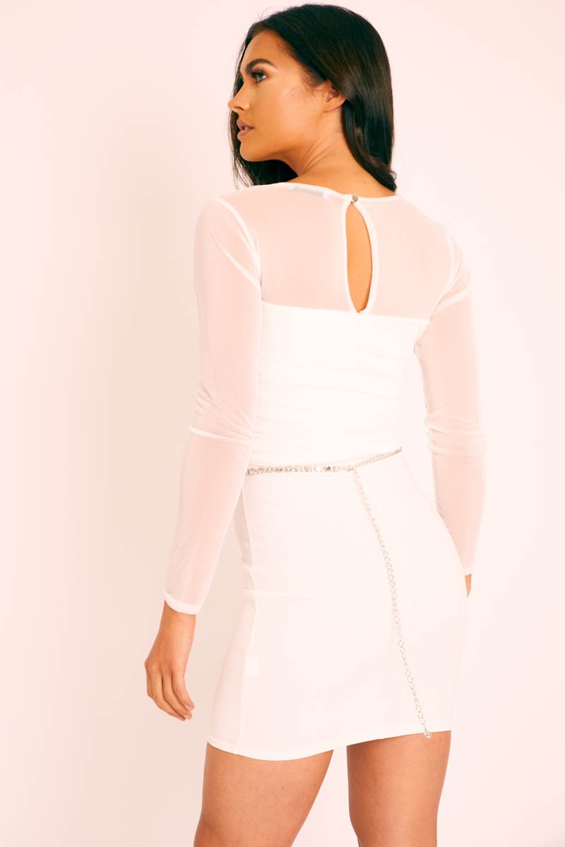 White Ruched Mesh Bodycon Mini Dress - Elysa-Dresses