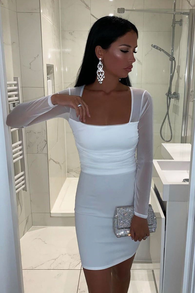 White Ruched Mesh Bodycon Mini Dress - Elysa-Dresses