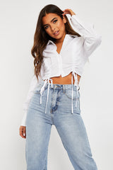 White Ruched Middle Cropped Shirt - Brogann-Shirts