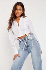 White Ruched Middle Cropped Shirt - Brogann-Shirts