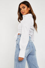 White Ruched Middle Cropped Shirt - Brogann-Shirts