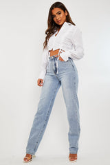White Ruched Middle Cropped Shirt - Brogann-Shirts