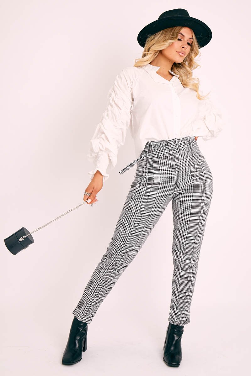 White Ruched Sleeve Collarless Shirt - Sarah-Shirts