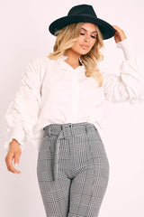 White Ruched Sleeve Collarless Shirt - Sarah-Shirts
