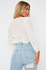 White Ruched Sleeve Peplum Top - Hawi-Crop Tops