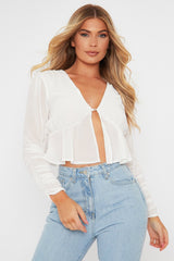 White Ruched Sleeve Peplum Top - Hawi-Crop Tops
