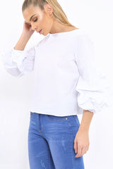 White Ruched Sleeve Top - Troy-Tops