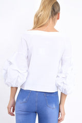 White Ruched Sleeve Top - Troy-Tops