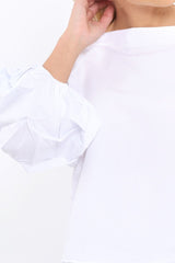 White Ruched Sleeve Top - Troy-Tops