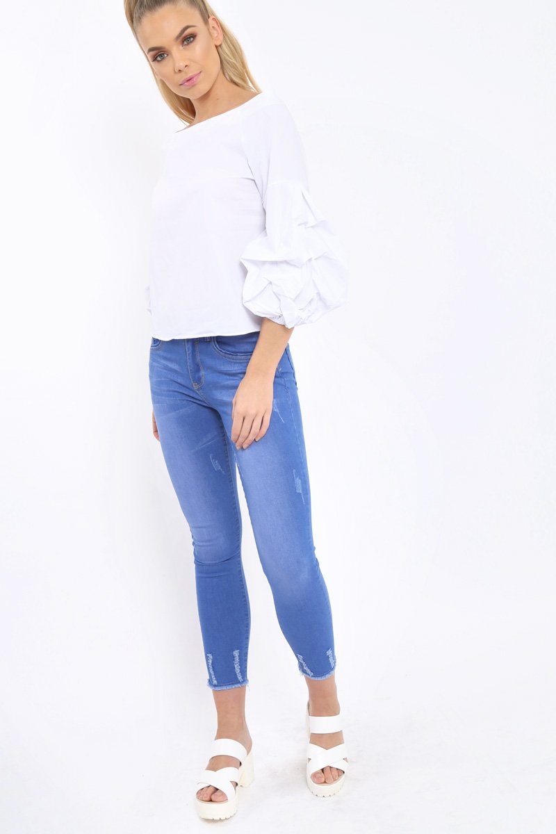 White Ruched Sleeve Top - Troy-Tops