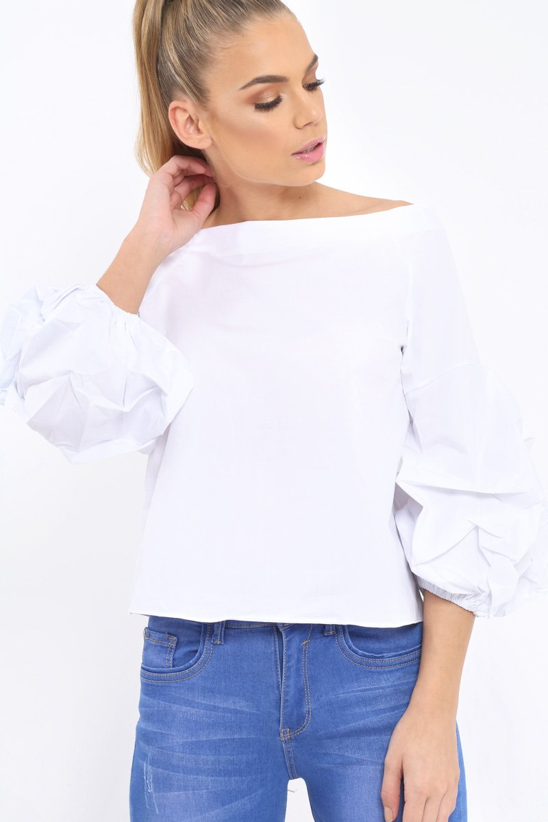 White Ruched Sleeve Top - Troy-Tops