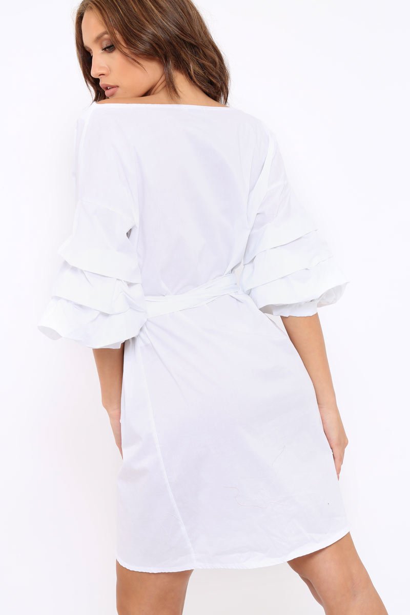 White Ruched Sleeve Wrap Around Dress - Marly-Dresses