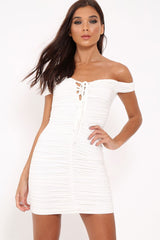 White Ruched Slinky Lace Up Dress - Rosina-Dresses