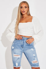 White Ruched Square Neckline Crop Top - Hallie-Crop Tops