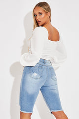 White Ruched Square Neckline Crop Top - Hallie-Crop Tops