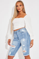 White Ruched Square Neckline Crop Top - Hallie-Crop Tops