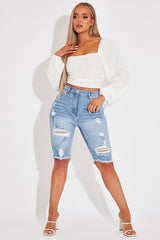 White Ruched Square Neckline Crop Top - Hallie-Crop Tops