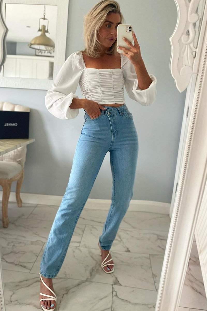 White Ruched Square Neckline Crop Top - Hallie-Crop Tops