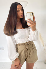 White Ruched Square Neckline Crop Top - Hallie-Crop Tops