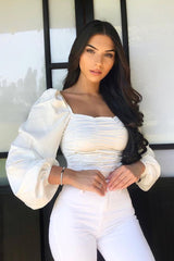 White Ruched Square Neckline Crop Top - Hallie-Crop Tops