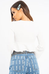 White Ruched Tie Frill Detail Long Sleeved Top - Saphyra-Tops