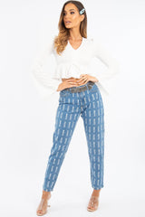 White Ruched Tie Frill Detail Long Sleeved Top - Saphyra-Tops