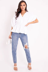 White Ruched Waist Plunge Neckline Kimono Sleeve Shirt - Eilene-Shirts