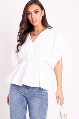 White Ruched Waist Plunge Neckline Kimono Sleeve Shirt - Eilene-Shirts