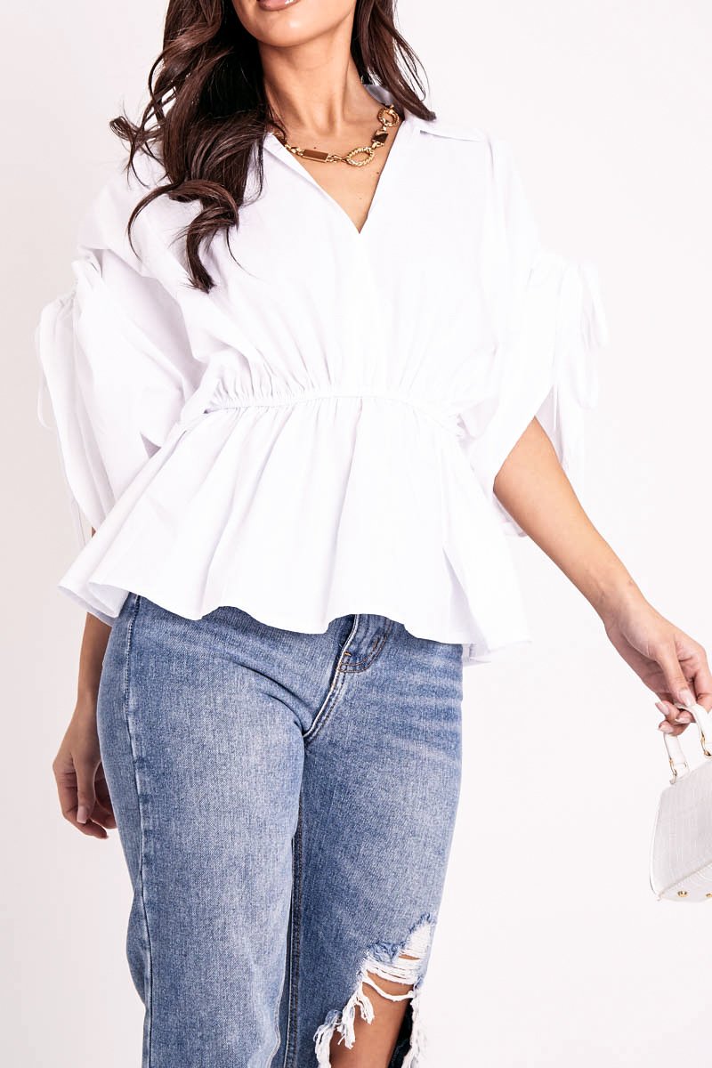 White Ruched Waist Plunge Neckline Kimono Sleeve Shirt - Eilene-Shirts