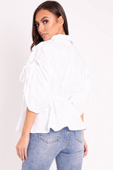 White Ruched Waist Plunge Neckline Kimono Sleeve Shirt - Eilene-Shirts