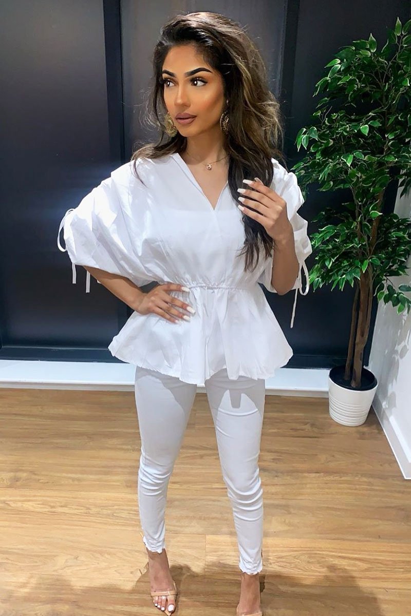 White Ruched Waist Plunge Neckline Kimono Sleeve Shirt - Eilene-Shirts