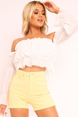 White Ruffle Bardot Crop Top - Aagna-Crop Tops