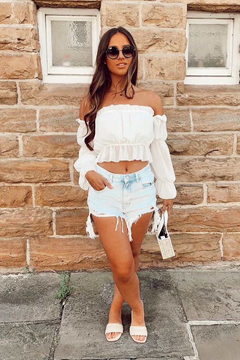 White Ruffle Bardot Crop Top - Aagna-Crop Tops