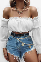 White Ruffle Bardot Crop Top - Aagna-Crop Tops