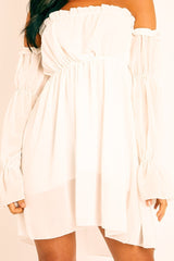 White Ruffle Bardot Mini Dress - Bibi-Dresses
