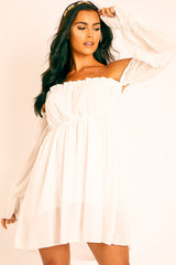 White Ruffle Bardot Mini Dress - Bibi-Dresses
