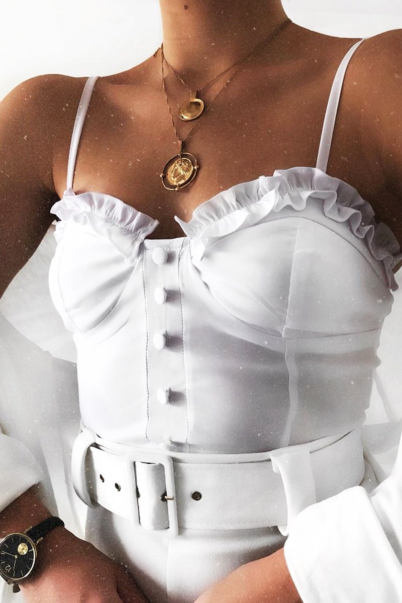 White Ruffle Button Front Cup Detail Crop Top - Veronica-Crop Tops
