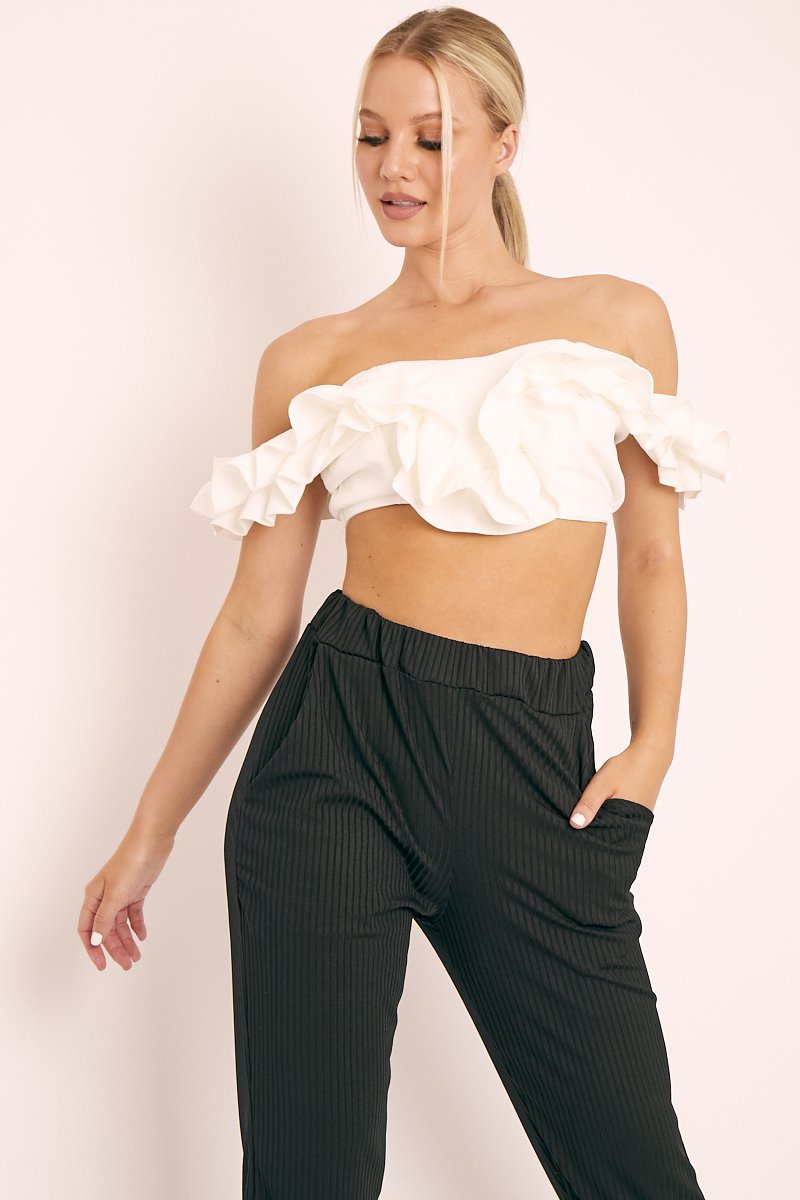 White Ruffle Front Bardot Crop Top - Lacie-Crop Tops