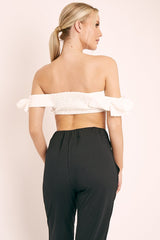 White Ruffle Front Bardot Crop Top - Lacie-Crop Tops