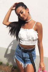 White Ruffle Front Strappy Crop Top - Aaloni-Crop Tops