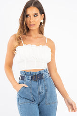 White Ruffle Front Strappy Crop Top - Aaloni-Crop Tops