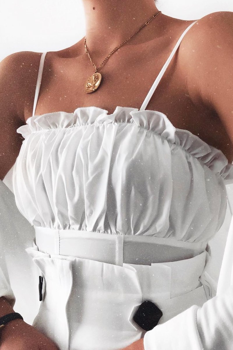 White Ruffle Front Strappy Crop Top - Aaloni-Crop Tops