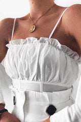 White Ruffle Front Strappy Crop Top - Aaloni-Crop Tops