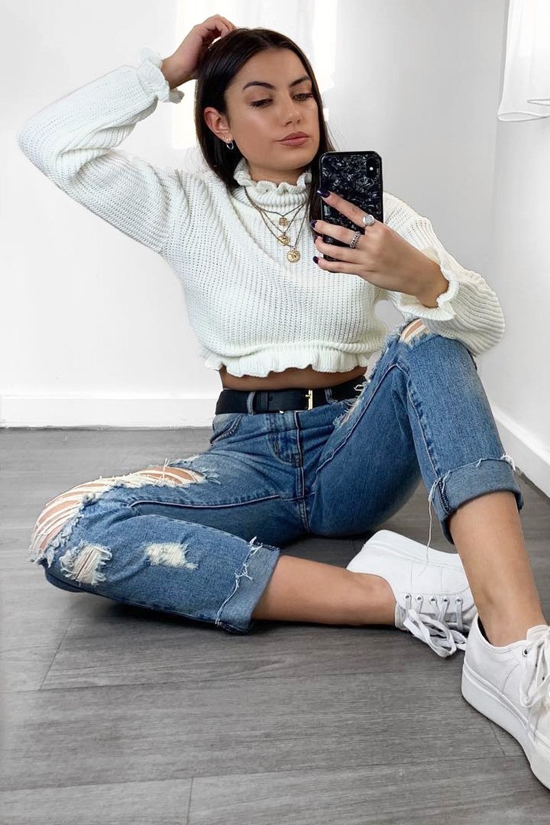 White Ruffle Hem Chunky Knit Crop Jumper - Alannah-Crop Jumper
