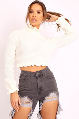 White Ruffle Hem Chunky Knit Crop Jumper - Alannah-Crop Jumper