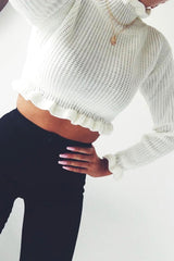 White Ruffle Hem Chunky Knit Crop Jumper - Alannah-Crop Jumper