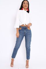 White Ruffle Neck Blouse with Cut out Back - Amelie-Tops