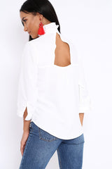 White Ruffle Neck Blouse with Cut out Back - Amelie-Tops